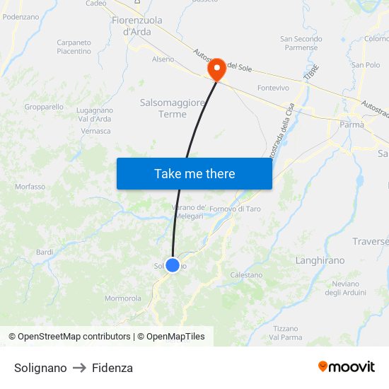 Solignano to Fidenza map