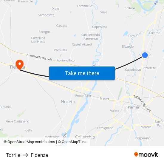 Torrile to Fidenza map