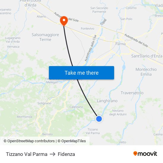 Tizzano Val Parma to Fidenza map