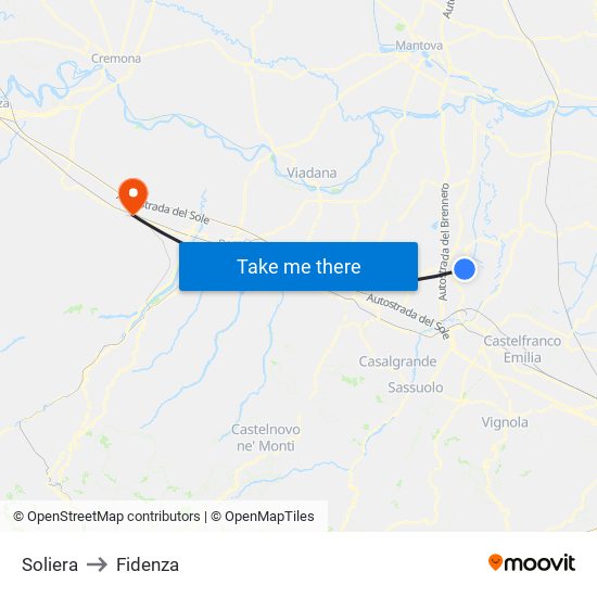 Soliera to Fidenza map