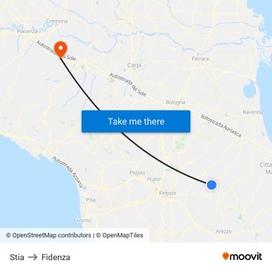 Stia to Fidenza map