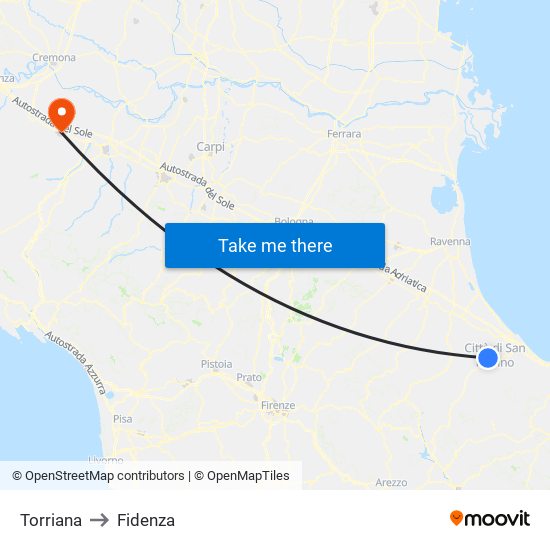 Torriana to Fidenza map