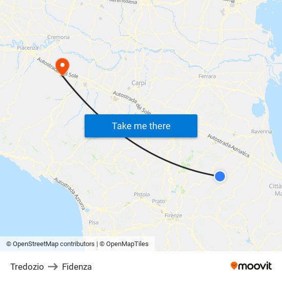 Tredozio to Fidenza map