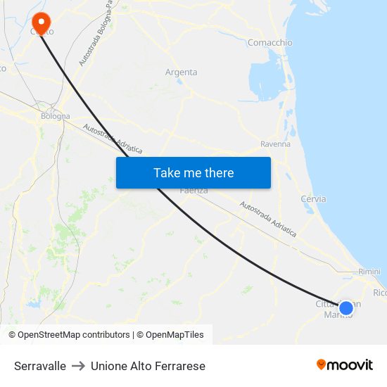 Serravalle to Unione Alto Ferrarese map
