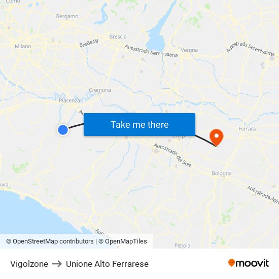 Vigolzone to Unione Alto Ferrarese map