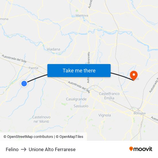 Felino to Unione Alto Ferrarese map