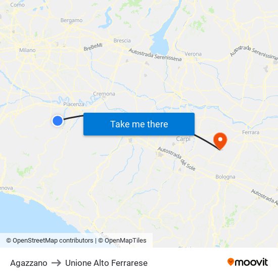 Agazzano to Unione Alto Ferrarese map