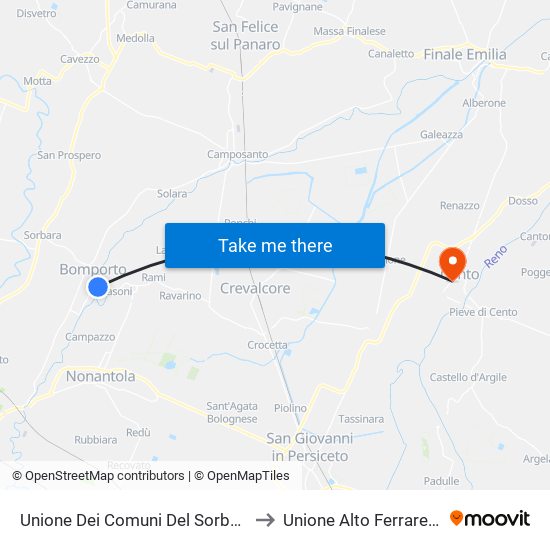 Unione Dei Comuni Del Sorbara to Unione Alto Ferrarese map