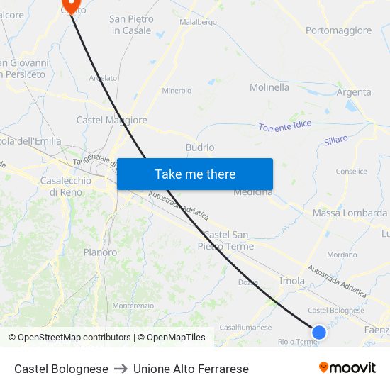 Castel Bolognese to Unione Alto Ferrarese map