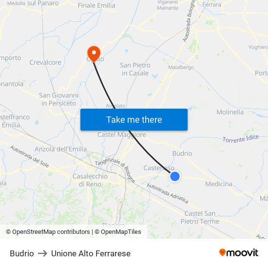 Budrio to Unione Alto Ferrarese map