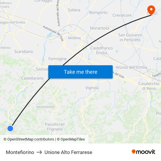 Montefiorino to Unione Alto Ferrarese map