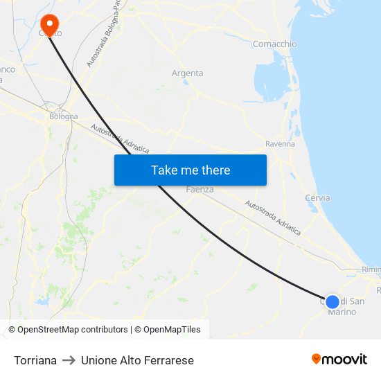 Torriana to Unione Alto Ferrarese map