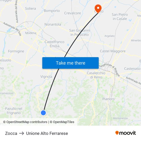 Zocca to Unione Alto Ferrarese map