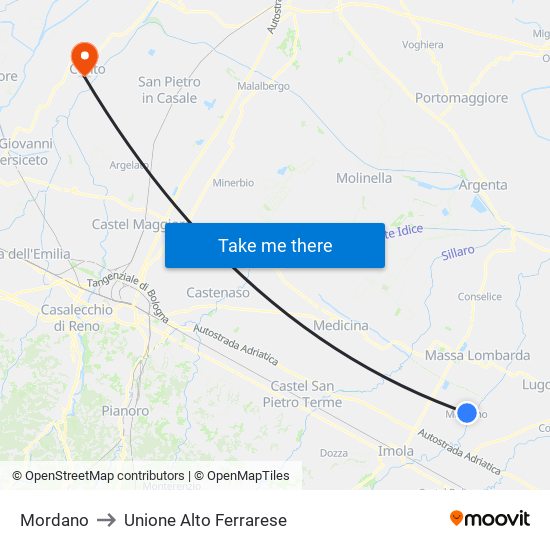 Mordano to Unione Alto Ferrarese map