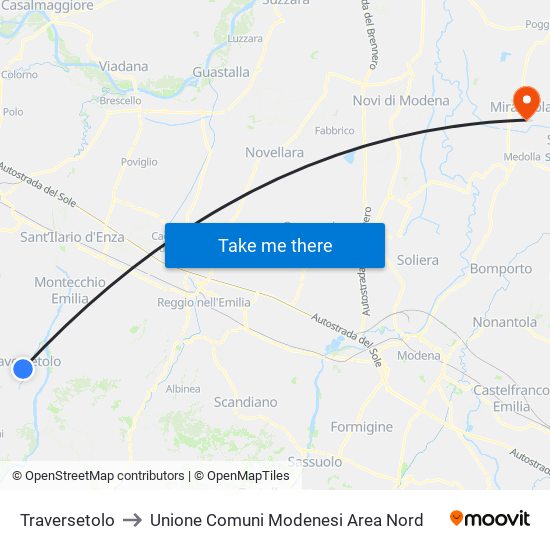 Traversetolo to Unione Comuni Modenesi Area Nord map