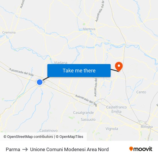 Parma to Unione Comuni Modenesi Area Nord map