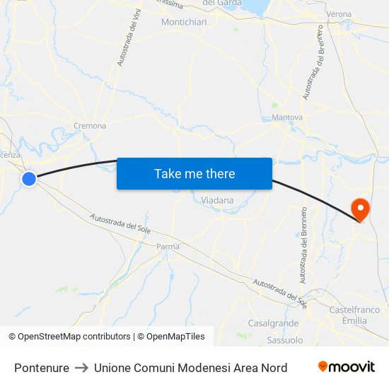 Pontenure to Unione Comuni Modenesi Area Nord map