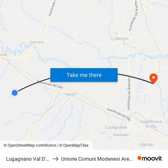 Lugagnano Val D'Arda to Unione Comuni Modenesi Area Nord map
