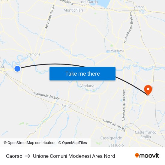 Caorso to Unione Comuni Modenesi Area Nord map