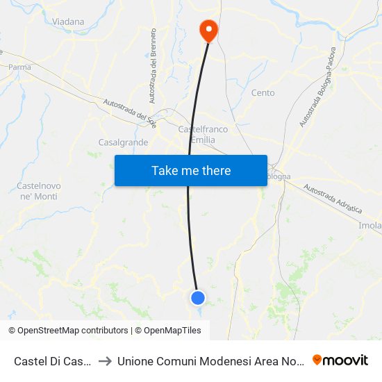 Castel Di Casio to Unione Comuni Modenesi Area Nord map
