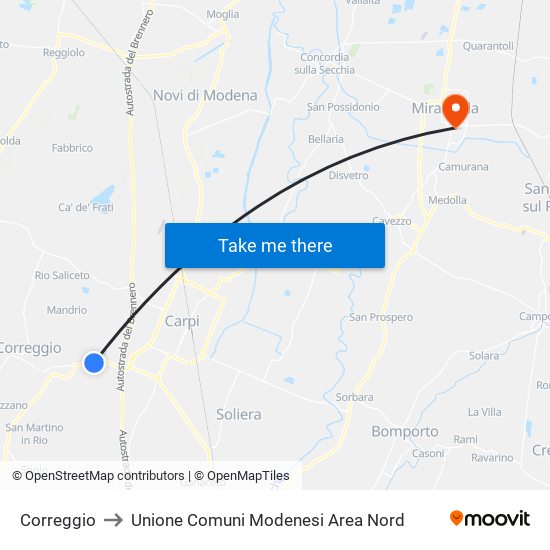 Correggio to Unione Comuni Modenesi Area Nord map