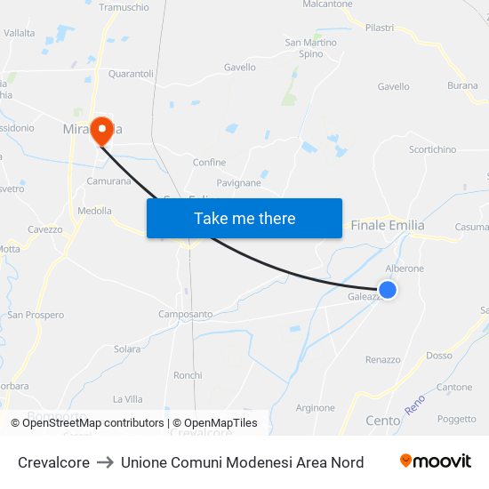 Crevalcore to Unione Comuni Modenesi Area Nord map