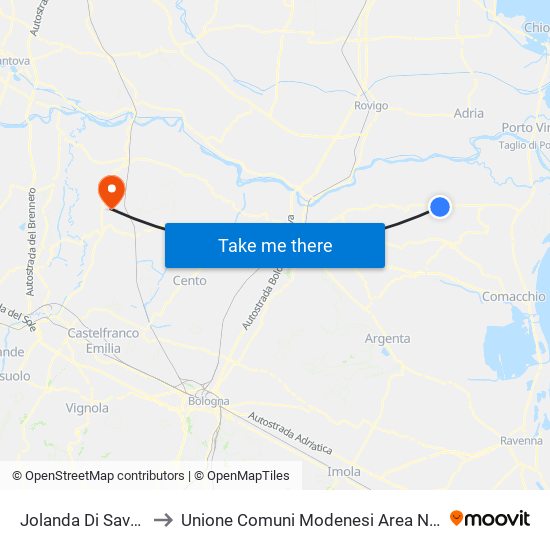 Jolanda Di Savoia to Unione Comuni Modenesi Area Nord map