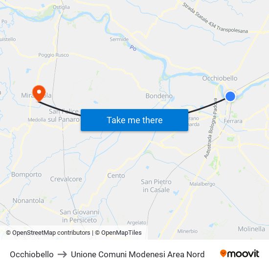 Occhiobello to Unione Comuni Modenesi Area Nord map