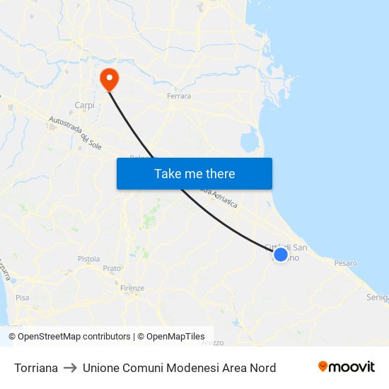 Torriana to Unione Comuni Modenesi Area Nord map