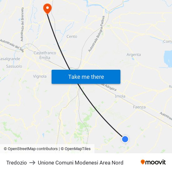 Tredozio to Unione Comuni Modenesi Area Nord map