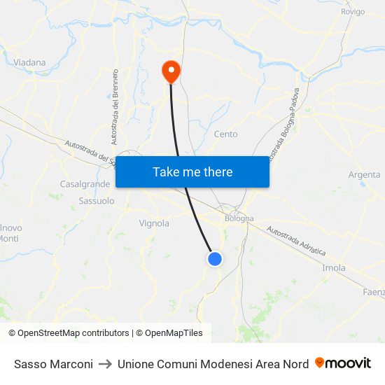 Sasso Marconi to Unione Comuni Modenesi Area Nord map