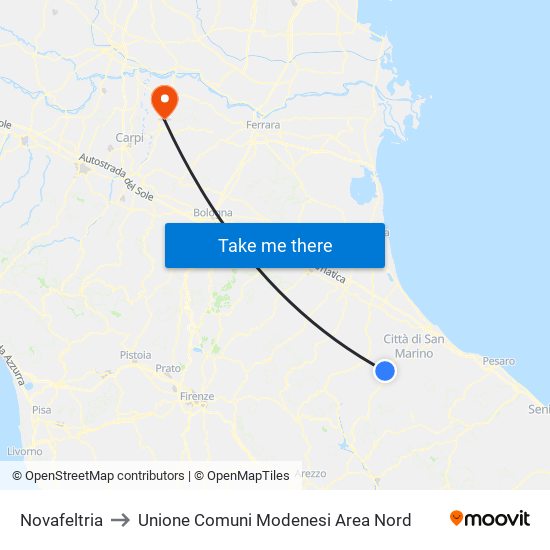 Novafeltria to Unione Comuni Modenesi Area Nord map