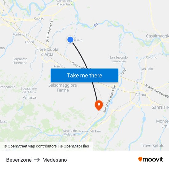 Besenzone to Medesano map
