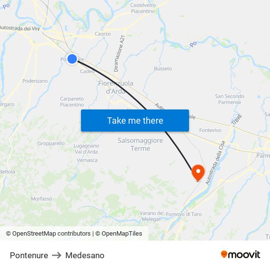 Pontenure to Medesano map