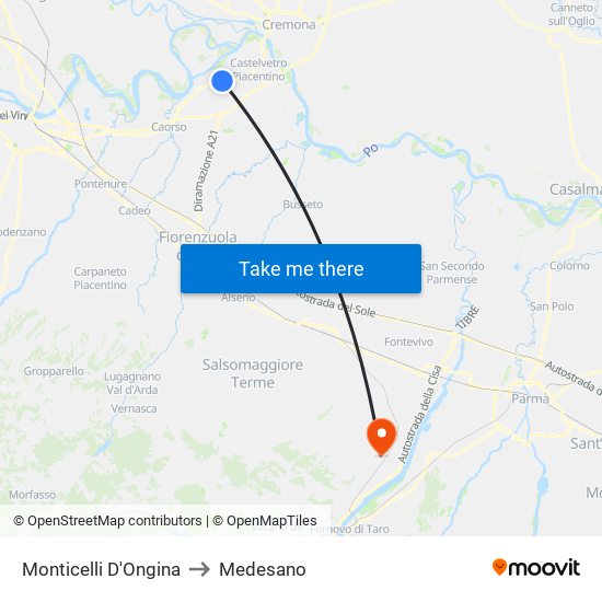 Monticelli D'Ongina to Medesano map