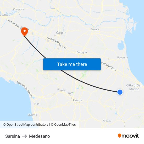 Sarsina to Medesano map
