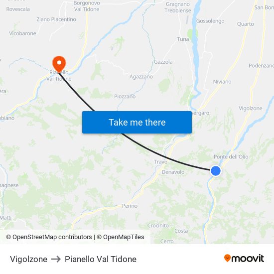 Vigolzone to Pianello Val Tidone map
