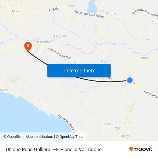 Unione Reno Galliera to Pianello Val Tidone map