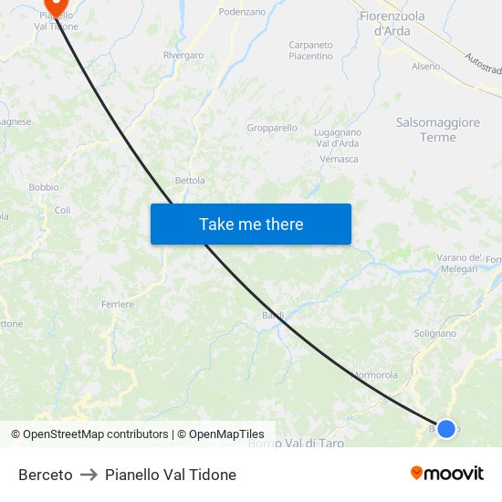 Berceto to Pianello Val Tidone map