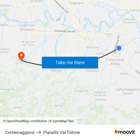 Cortemaggiore to Pianello Val Tidone map