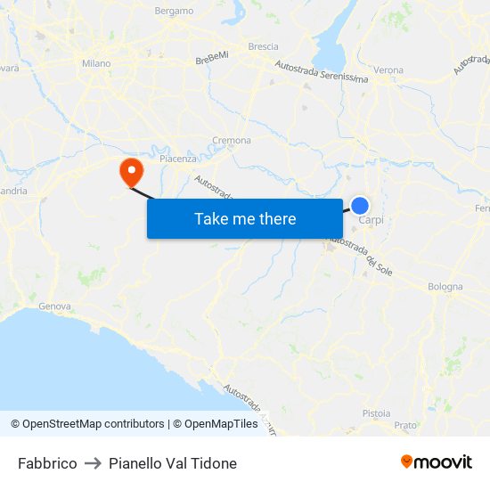 Fabbrico to Pianello Val Tidone map