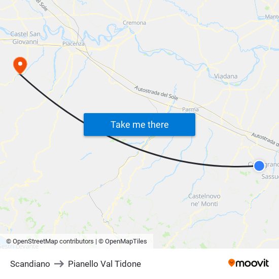 Scandiano to Pianello Val Tidone map