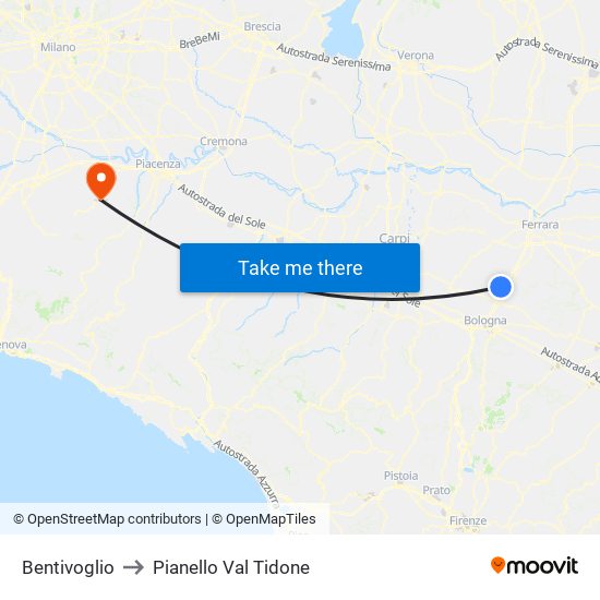 Bentivoglio to Pianello Val Tidone map