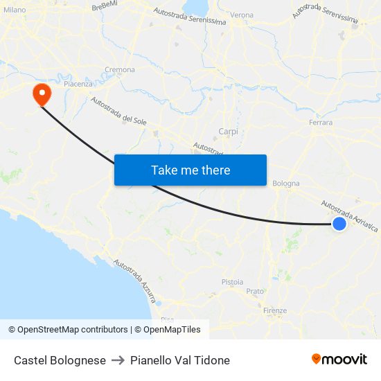 Castel Bolognese to Pianello Val Tidone map