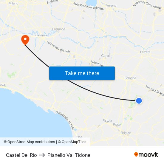 Castel Del Rio to Pianello Val Tidone map