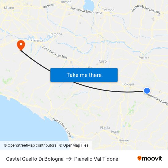 Castel Guelfo Di Bologna to Pianello Val Tidone map