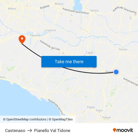 Castenaso to Pianello Val Tidone map