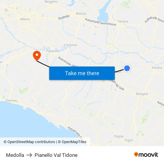 Medolla to Pianello Val Tidone map