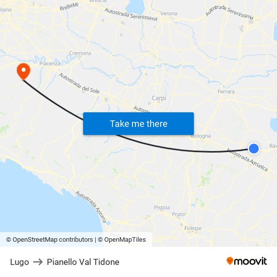 Lugo to Pianello Val Tidone map
