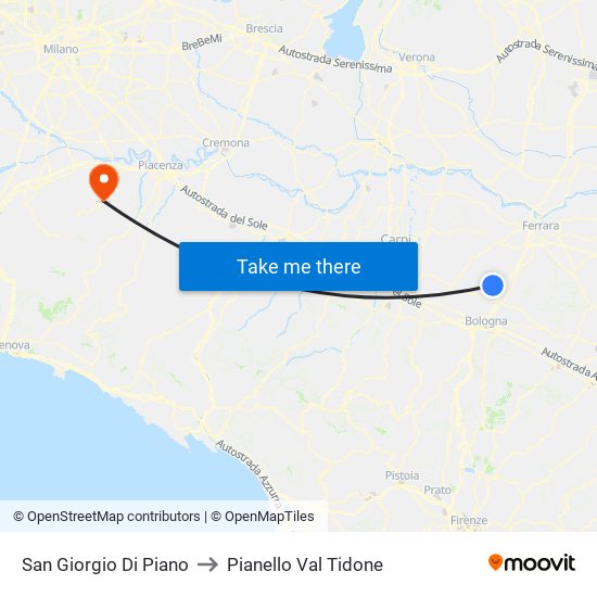 San Giorgio Di Piano to Pianello Val Tidone map